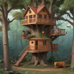 A quaint treehouse in a vibrant forest, bustling with playful critters. A bear is inside the treehouse, and a cat is lounging in the trees nearby.