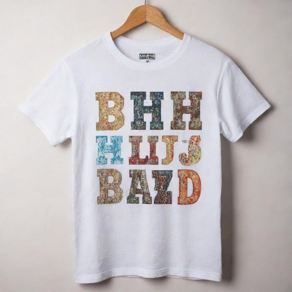 A soiled white t-shirt, bearing the bold letters 'B H U L A D A Z' across the front. The shirt is further adorned with a variety of contrasting designs against the grungy white background.