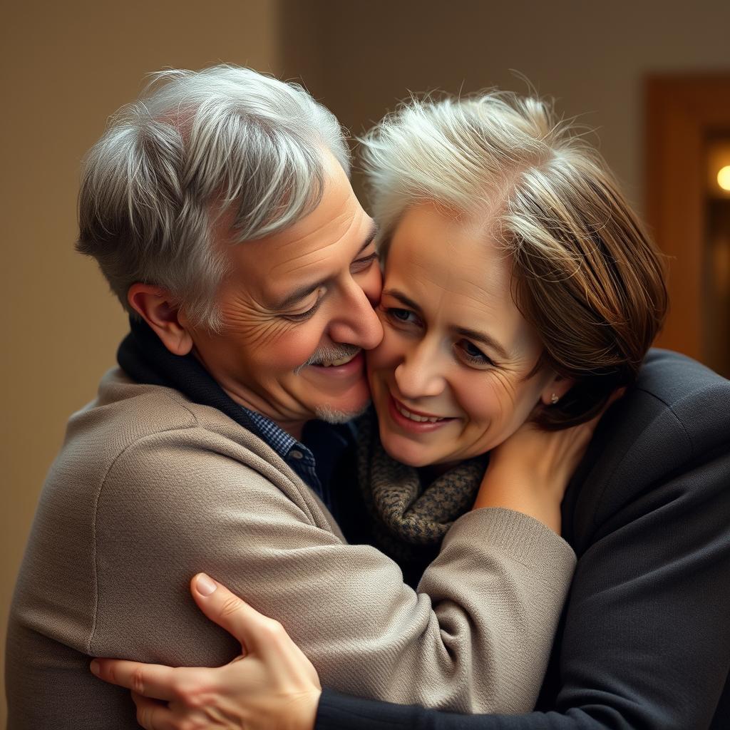 A heartwarming scene depicting a father-daughter relationship, featuring an older man resembling Bill Nighy from 'Love Actually' with gray hair, tall and distinguished