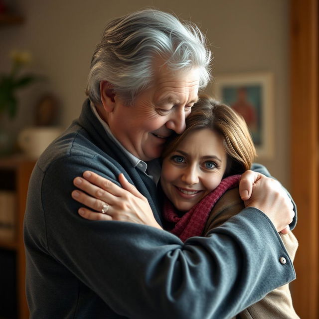 A heartwarming scene depicting a father-daughter relationship, featuring an older man resembling Bill Nighy from 'Love Actually' with gray hair, tall and distinguished