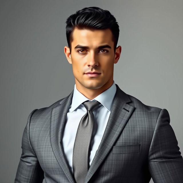 A strong man dressed in a gray suit, featuring short black hair and warm honey-colored eyes that reflect confidence and charisma