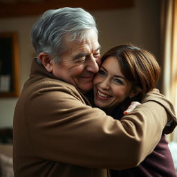 A heartwarming scene depicting a father-daughter relationship, featuring an older man resembling Bill Nighy from 'Love Actually' with gray hair, tall and distinguished