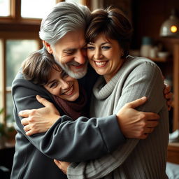 A heartwarming scene depicting a father-daughter relationship, featuring an older man resembling Bill Nighy from 'Love Actually' with gray hair, tall and distinguished