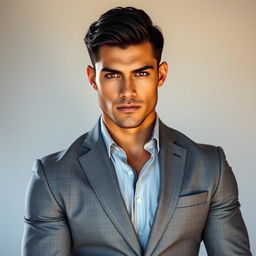 A strong man dressed in a gray suit, featuring short black hair and warm honey-colored eyes that reflect confidence and charisma