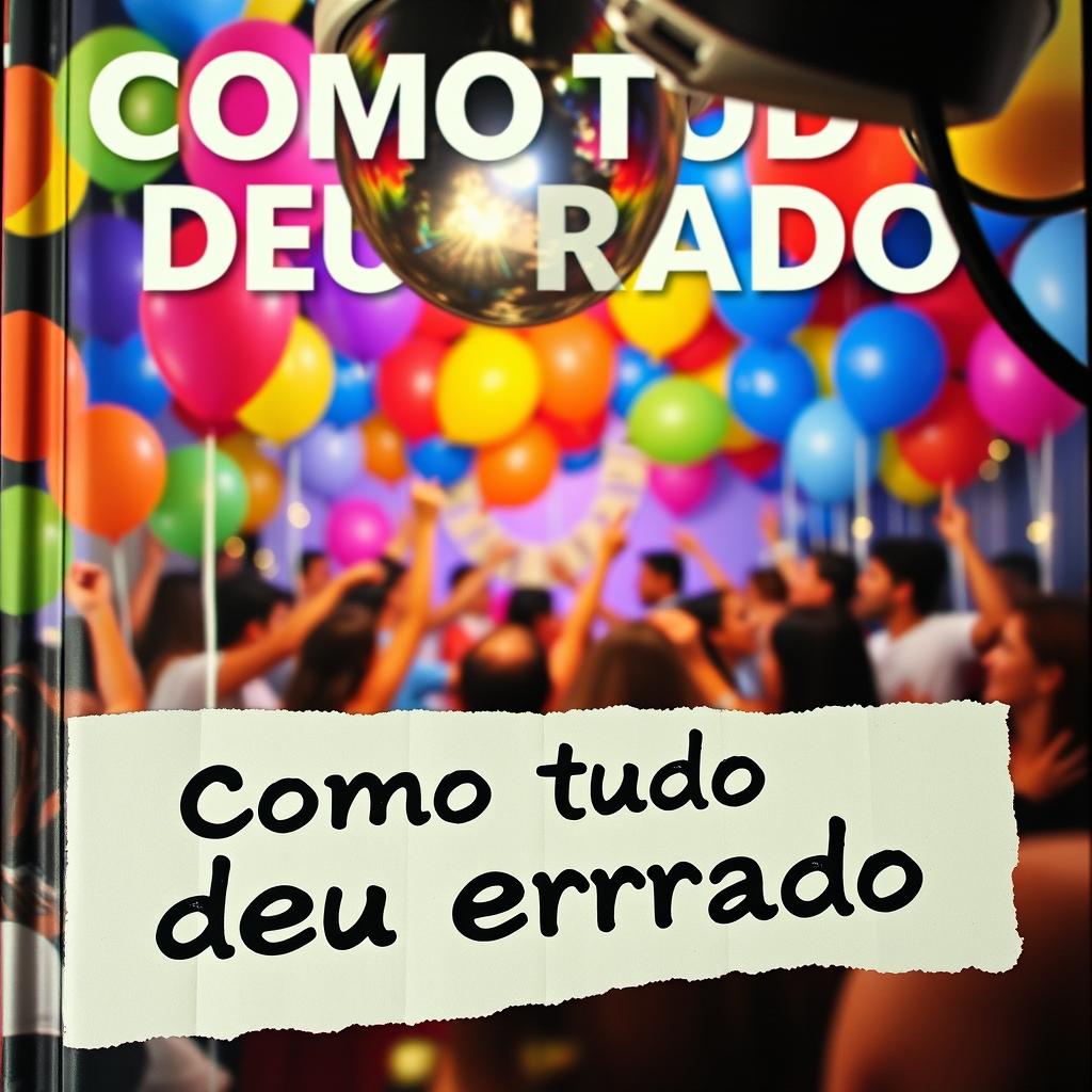 A book cover for 'Como Tudo Deu Errado', featuring a vibrant party scene viewed through the lens of a surveillance camera