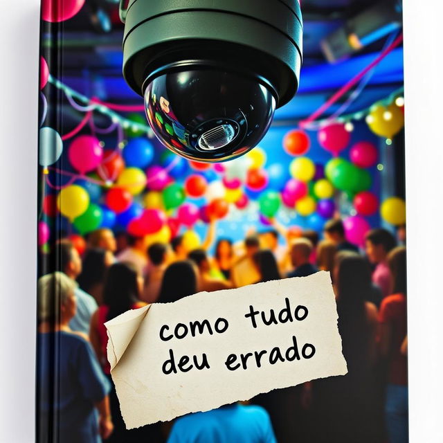 A book cover for 'Como Tudo Deu Errado', featuring a vibrant party scene viewed through the lens of a surveillance camera