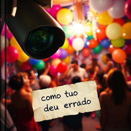 A book cover for 'Como Tudo Deu Errado', featuring a vibrant party scene viewed through the lens of a surveillance camera