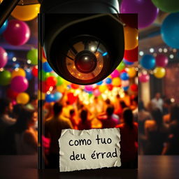 A book cover for 'Como Tudo Deu Errado', featuring a vibrant party scene viewed through the lens of a surveillance camera