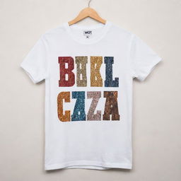 A soiled white t-shirt, bearing the bold letters 'B H U L A D A Z' across the front. The shirt is further adorned with a variety of contrasting designs against the grungy white background.