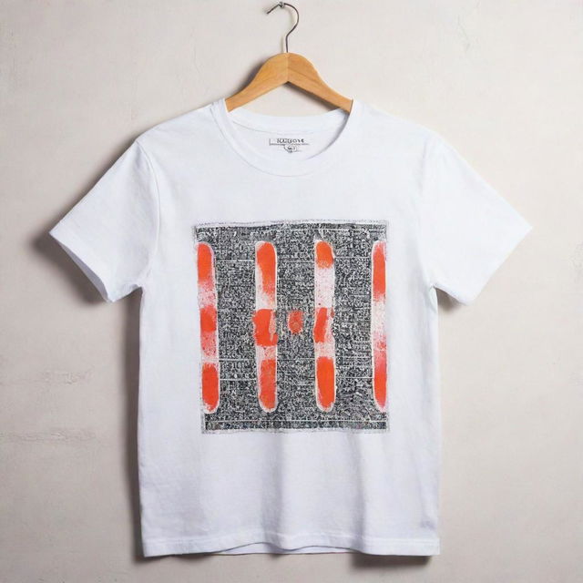 A soiled white t-shirt, bearing the bold letters 'B H U L A D A Z' across the front. The shirt is further adorned with a variety of contrasting designs against the grungy white background.