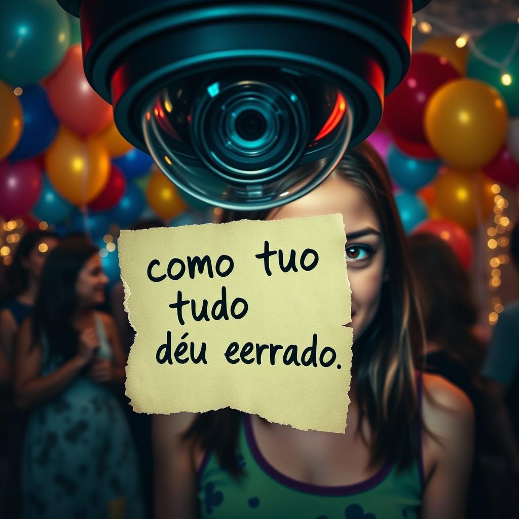 A book cover for 'Como Tudo Deu Errado' featuring a party scene viewed through the lens of a surveillance camera