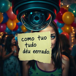 A book cover for 'Como Tudo Deu Errado' featuring a party scene viewed through the lens of a surveillance camera