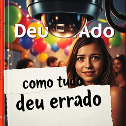 A book cover for 'Como Tudo Deu Errado' featuring a party scene viewed through the lens of a surveillance camera