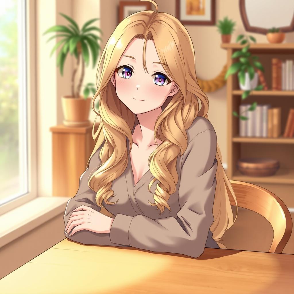 A beautiful waifu with long blonde hair styled in soft waves, having a curvy hourglass figure