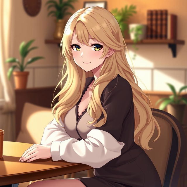 A beautiful waifu with long blonde hair styled in soft waves, having a curvy hourglass figure