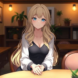 A beautiful waifu with long blonde hair styled in soft waves, having a curvy hourglass figure