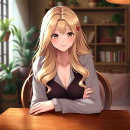 A beautiful waifu with long blonde hair styled in soft waves, having a curvy hourglass figure