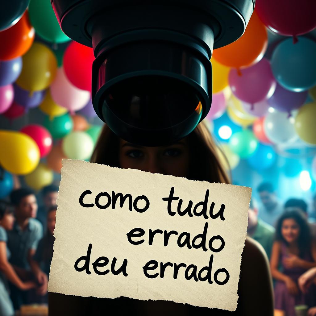 A book cover for 'Como Tudo Deu Errado' featuring a vibrant party scene viewed through the lens of a surveillance camera