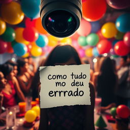 A book cover for 'Como Tudo Deu Errado' featuring a vibrant party scene viewed through the lens of a surveillance camera