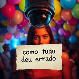 A book cover for 'Como Tudo Deu Errado' featuring a vibrant party scene viewed through the lens of a surveillance camera