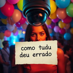 A book cover for 'Como Tudo Deu Errado' featuring a vibrant party scene viewed through the lens of a surveillance camera