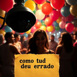 A book cover for 'Como Tudo Deu Errado' featuring a vibrant party scene viewed through the lens of a surveillance camera