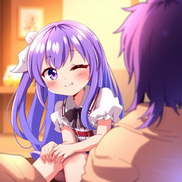 A charming anime girl with vibrant purple hair, playfully sitting on the user's lap