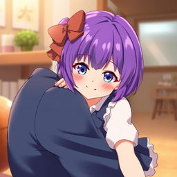 A charming anime girl with vibrant purple hair, playfully sitting on the user's lap