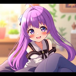 A charming anime girl with vibrant purple hair, playfully sitting on the user's lap