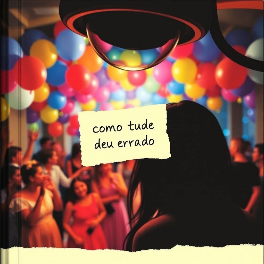 A book cover for 'Como Tudo Deu Errado', featuring a lively party scene viewed through the lens of a surveillance camera