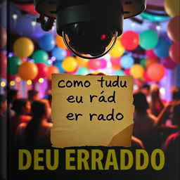 A book cover for 'Como Tudo Deu Errado', featuring a lively party scene viewed through the lens of a surveillance camera