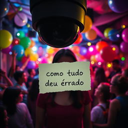 A book cover for 'Como Tudo Deu Errado', featuring a lively party scene viewed through the lens of a surveillance camera