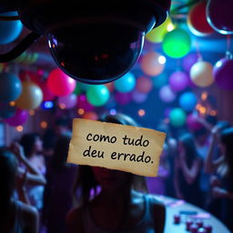 A book cover for 'Como Tudo Deu Errado', featuring a lively party scene viewed through the lens of a surveillance camera