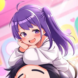 An 18-year-old anime girl with striking purple hair, sitting playfully on top of an unspecified individual, displaying a mischievous smile and blushing cheeks