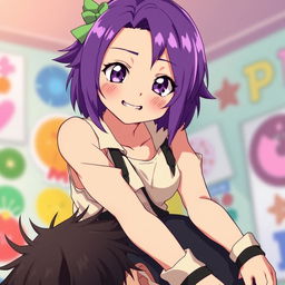 An 18-year-old anime girl with striking purple hair, sitting playfully on top of an unspecified individual, displaying a mischievous smile and blushing cheeks