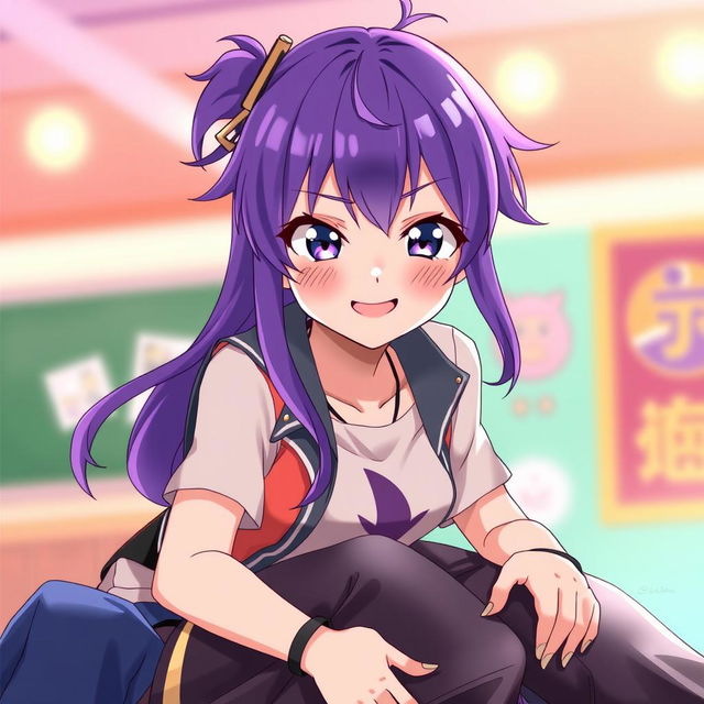 An 18-year-old anime girl with striking purple hair, sitting playfully on top of an unspecified individual, displaying a mischievous smile and blushing cheeks