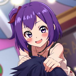 An 18-year-old anime girl with striking purple hair, sitting playfully on top of an unspecified individual, displaying a mischievous smile and blushing cheeks