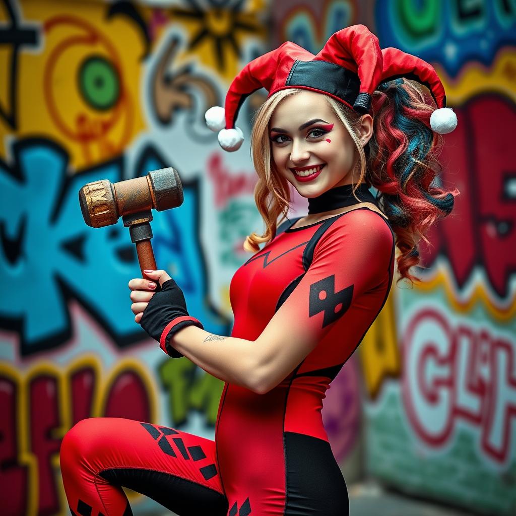 A playful young woman styled as a Harley Quinn character, featuring red and black themed clothing, a jester hat, and dramatic makeup with bold colors