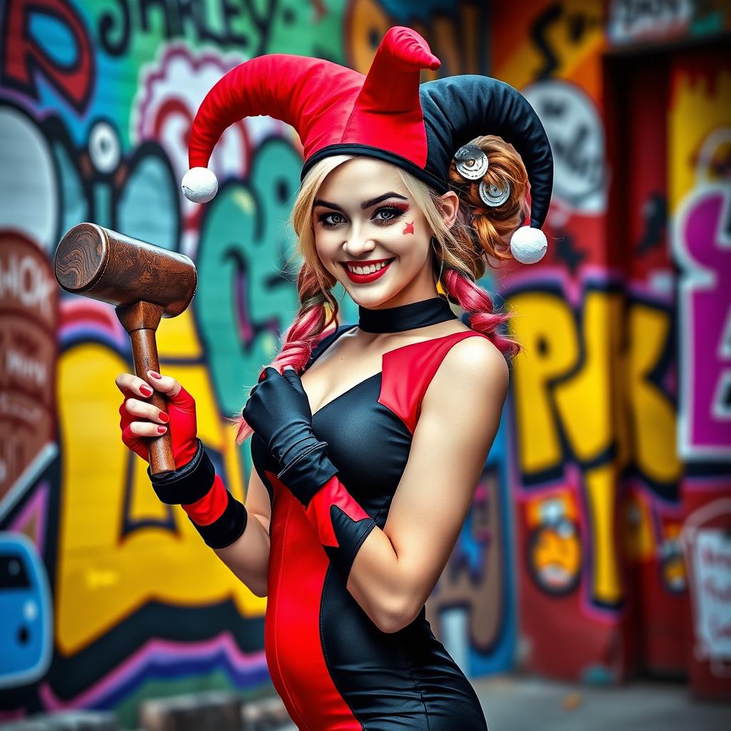 A playful young woman styled as a Harley Quinn character, featuring red and black themed clothing, a jester hat, and dramatic makeup with bold colors