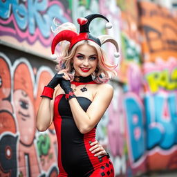 A playful young woman styled as a Harley Quinn character, featuring red and black themed clothing, a jester hat, and dramatic makeup with bold colors