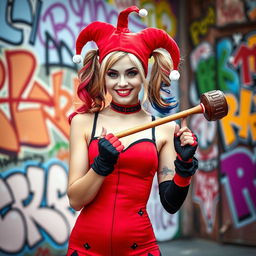 A playful young woman styled as a Harley Quinn character, featuring red and black themed clothing, a jester hat, and dramatic makeup with bold colors