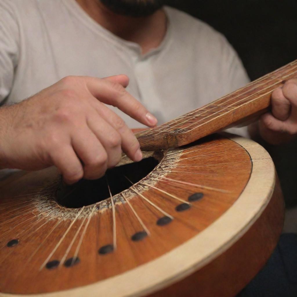 A close-up shot of skillful hands softly strumming the strings of a saz, a traditional Turkish instrument. The fingers are pulsing with rhythm, caressing the cords, creating beautiful, soulful melodies.