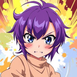 A young anime-style girl with vibrant purple hair, looking straight ahead with an intense expression of anger on her face, her cheeks flushed with a rosy hue