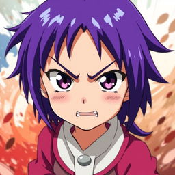 A young anime-style girl with vibrant purple hair, looking straight ahead with an intense expression of anger on her face, her cheeks flushed with a rosy hue