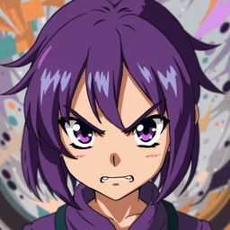 A young anime-style girl with vibrant purple hair, looking straight ahead with an intense expression of anger on her face, her cheeks flushed with a rosy hue