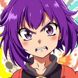 A young anime-style girl with vibrant purple hair, looking straight ahead with an intense expression of anger on her face, her cheeks flushed with a rosy hue