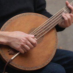 A close-up shot of skillful hands softly strumming the strings of a saz, a traditional Turkish instrument. The fingers are pulsing with rhythm, caressing the cords, creating beautiful, soulful melodies.