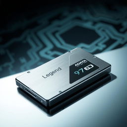 An Adata Legend 970 SSD, sleek and modern design showcasing its compact size and metallic finish