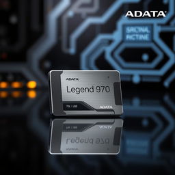 An Adata Legend 970 SSD, sleek and modern design showcasing its compact size and metallic finish