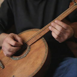 A close-up shot of skillful hands softly strumming the strings of a saz, a traditional Turkish instrument. The fingers are pulsing with rhythm, caressing the cords, creating beautiful, soulful melodies.